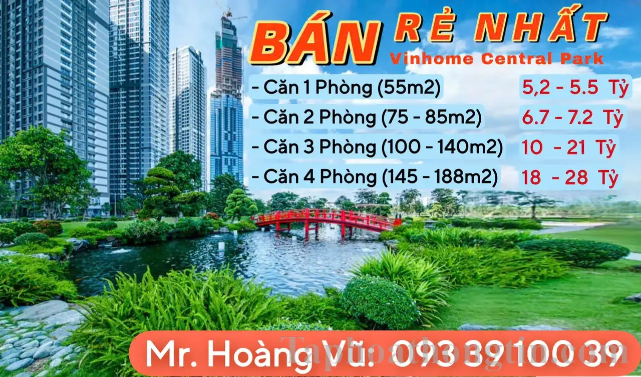 Bán căn hộ Vinhomes Central Park: 1PN=5tỷ2, 2PN=6tỷ7, 3PN=10tỷ 4PN=18tỷ. Hàng thật giá thật.LH: 0933910039