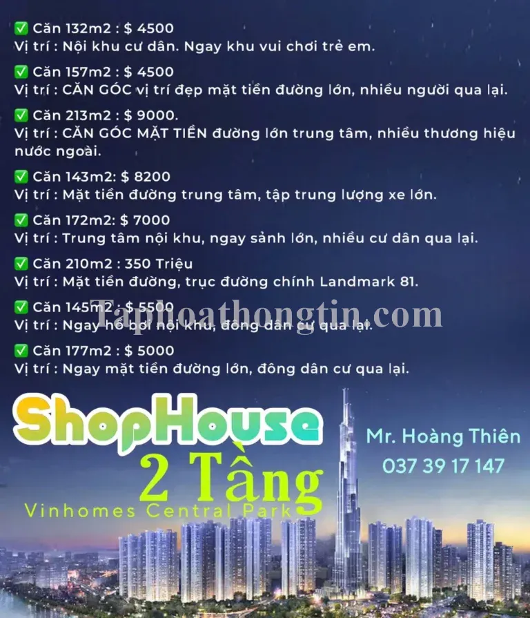 Thuê Shophouse 2 tầng Vinhomes Central Park, Tháng 10.2024 hơn 150m: 112 triệu.LH: 0373917147